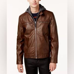 GUESS Men's Faux-Leather Detachable-Hood Motorcycle Jacket Size L